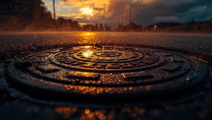 Low-angle close-up of a glistening manhole cover reflecting warm light, enhancing a moody city vibe