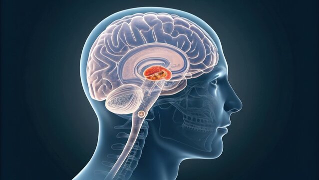 Transparent 3D view of the human brain with pineal gland highlighted