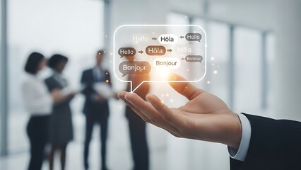 Hand holding speech bubble with multilingual greetings and blurred business people communication