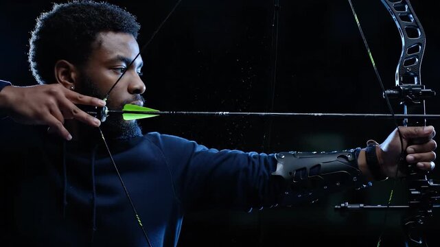 Archer aiming bow arrow at target. Archery athlete practicing training session. Sports focus on bullseye accuracy. Calm composed stance. Firm steady release shows form. Focus on aim followthrough.