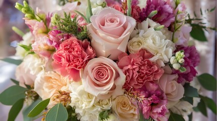 Obraz premium Elegant floral arrangement with pink roses, carnations, and greenery.