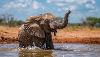Juvenile elephant frolicking and drinking at a water source in Namibia's Etosha National Park