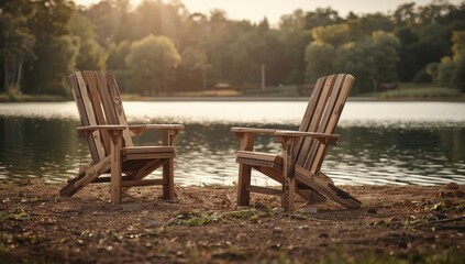 Fototapeta premium Lakeside wooden chairs. Concept for product placement in graphic design, banners, and 3D rendering