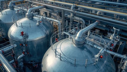 Large containers for storing carbon dioxide and hydrogen in a facility, with pipes and valves for regulated distribution and secure storage
