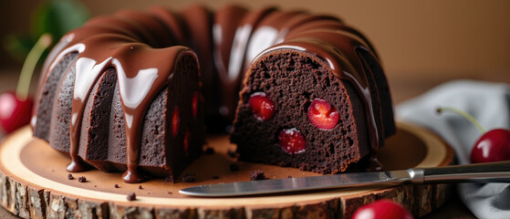 Decadent chocolate cake with cherries, beautifully presented on wooden platter, evokes sense of indulgence and delight