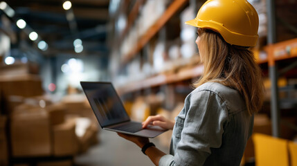 Faceless professional female worker wearing hardhat holds laptop computer with screen showing analysis software in retail warehouse full of shelves with goods, over shoulder side view, defocused
