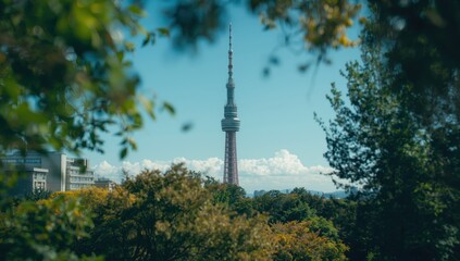 Naklejka premium Kyoto Tower, the tallest structure in Kyoto, Japan, is an observation tower encircled by trees