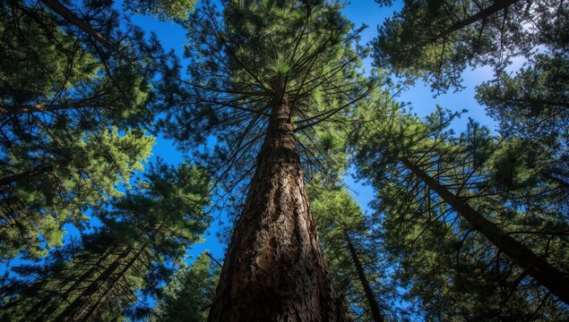 Looking up at a tall pine tree in a serene forest, with branches stretching skyward and sunlight filtering through the trees - Powered by Adobe