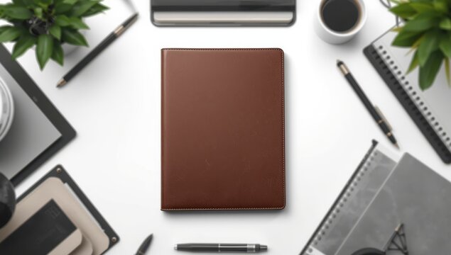 Leather-bound folder mockup, office items. Concept image, overhead view, isolated on white