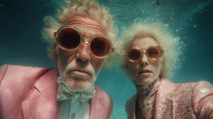 underwater joy of a trendy senior couple, quirky elderly couple swimming with sunglasses, playful mature couple enjoying underwater vacation