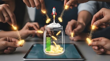 Hands contributing coins to a jar with a rocket and progress bar on tablet crowdfunding