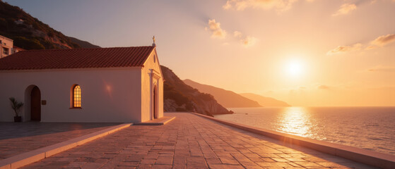 Serene sunset over coastal landscape, featuring quaint white chapel beside sea. warm hues of sky reflect on water, creating tranquil atmosphere