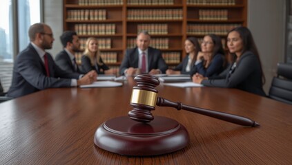 Lawyers in a firm team meeting with a judge's gavel in the background, representing legal concepts