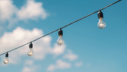 Obraz premium Light fixtures suspended on cords beneath a vivid blue sky. Basic outdoor illumination idea