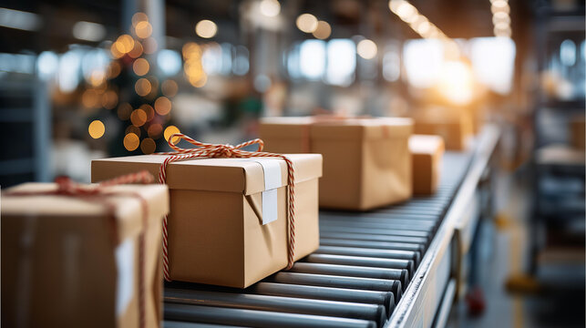 Christmas boxes distribution service bustling Christmas season warehouse with automated systems efficiently handling gift packages ready to ship, holiday logistics operations, with copy space