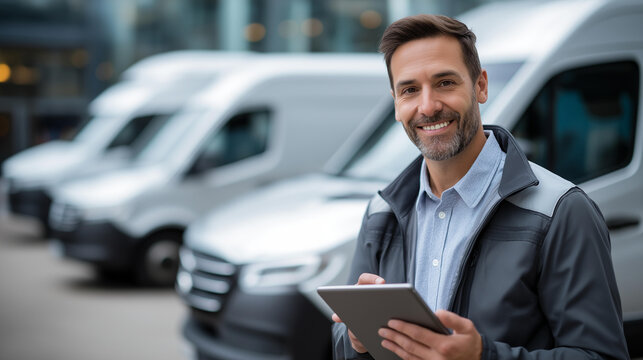Faceless portrait of smiling delivery driver holding digital tablet in front of fleet of delivery vans, courier with mobile technology, transportation logistics, defocused face, with copy space