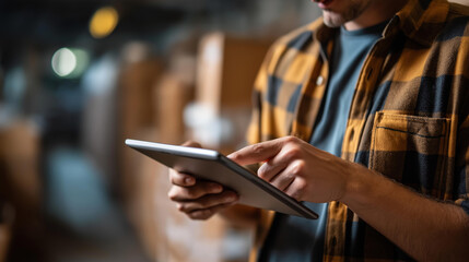 Faceless man warehouse worker with tablet, logistics professional with mobile device, inventory management technology, distribution center employee with digital tool, defocused person, with copy