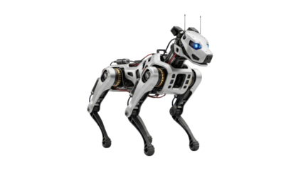 Futuristic White and Black Robotic Dog with Blue Eyes Isolated