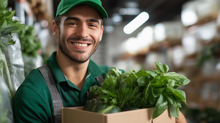 Faceless man wearing green uniform and cap smiles while holding box of fresh vegetables in warehouse full of packaged goods, suggesting freshness and productivity, defocused face, with copy space