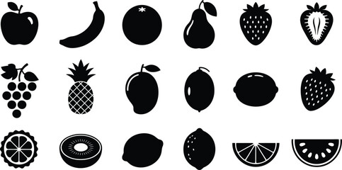 Collection of various fresh fruit icons in black silhouette