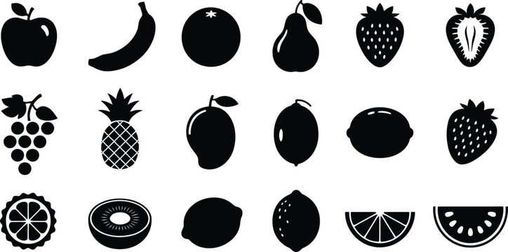Collection of various fresh fruit icons in black silhouette