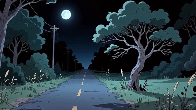 Empty Country Road at Night Under Moonlight with Trees