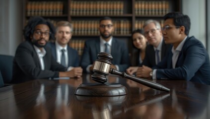 Lawyers discussing in a law firm with a judge's gavel in the background, representing legal concepts