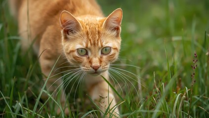 inquisitive orange feline searching through outdoor greenery