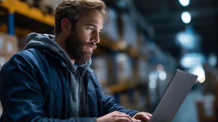 Faceless male warehouse manager with laptop in distribution center, storehouse package supervisor, logistics professional with computer, inventory management work, defocused person, with copy