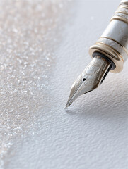 キラキラした背景に置かれたシルバーの万年筆のペン先