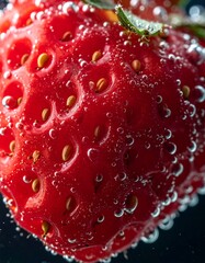Macro shot of red strawberry skins underwater. Tiny oxygen bubbles clinging to the surface and trailing behind in a dark abyss. Refracted light, hyper-detailed textures, crisp droplets.
