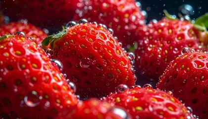 Macro shot of red strawberry skins underwater. Tiny oxygen bubbles clinging to the surface and trailing behind in a dark abyss. Refracted light, hyper-detailed textures, crisp droplets.