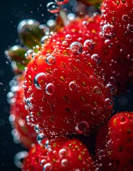 Macro shot of red strawberry skins underwater. Tiny oxygen bubbles clinging to the surface and trailing behind in a dark abyss. Refracted light, hyper-detailed textures, crisp droplets.