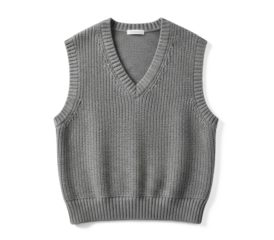 A gray knit vest with a V-neck design, featuring a ribbed texture and a subtle, textured pattern.