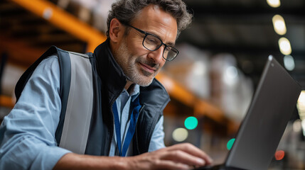 Faceless distribution warehouse worker and manager using laptop at storage compartment, logistics team collaboration, inventory management work, warehouse supervision, defocused people, with