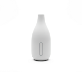 A white, matte, cylindrical bottle with a circular opening and a small, circular, white label on its side.