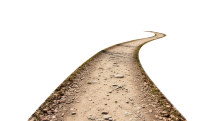 A winding dirt road leading into the distance with a white sky in the background.