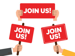 Colorful Join Us Signs Held by Diverse Hands in White Background Illustration