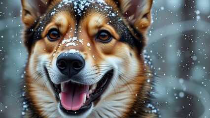 close portrait dog face dog appears german shepherd brown black fur its eyes dark alert its mouth open wide showing its pink tongue background blurred seems outdoor setting snowflakes falling around