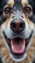 close dog face dog appears german shepherd similar breed its fur mix brown black its eyes deep brown color nose black its mouth open revealing its pink tongue top dog nose white snowflake snowflake