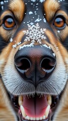 close dog face dog appears german shepherd brown black fur its nose covered snowflakes its mouth open wide showing its teeth background blurred making dog focal point