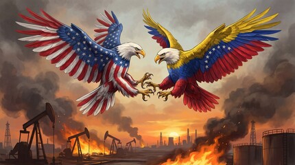 Two eagles, representing United States and Venezuela, clash over burning oil fields, a symbol of conflict and tension