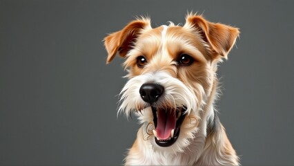 close portrait dog face dog appears jack russell terrier white brown coat its ears perked its eyes looking directly camera its mouth open wide showing its teeth its tongue sticking out background