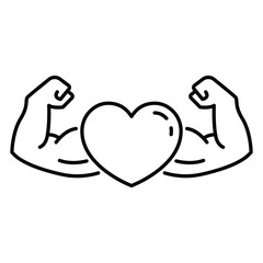 Line art heart with muscular arms, powerful heart health, cardiovascular strength, medical fitness drawing