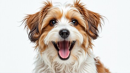 close portrait dog face dog appears shih tzu long shaggy fur mix brown white its eyes dark its nose black its mouth open wide showing its tongue looking directly camera curious expression background