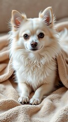 close portrait small white dog possibly pomeranian sitting beige blanket dog looking directly camera curious expression its face its fur fluffy white its ears perked giving alert inquisitive look