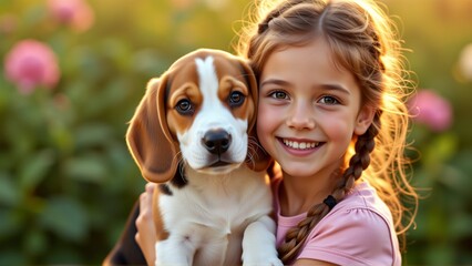 close portrait young girl blonde hair smiling camera she holding small beagle puppy her arms puppy brown white color looking directly viewer its ears perked girl wearing pink shirt has her hair