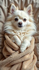 close small white dog possibly pomeranian sitting top beige blanket dog looking directly camera curious expression its fur fluffy white its ears perked giving alert inquisitive look blanket wrapped