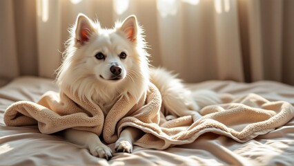 close white dog lying bed dog appears pomeranian similar breed long fluffy fur pointed ears wrapped beige blanket covering its body head blanket soft fluffy dog looking directly camera curious