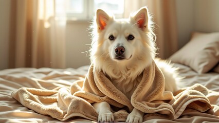 close white dog lying bed dog wrapped beige blanket looking directly camera curious expression bed has white comforter two pillows right side bed background window sheer curtains overall mood